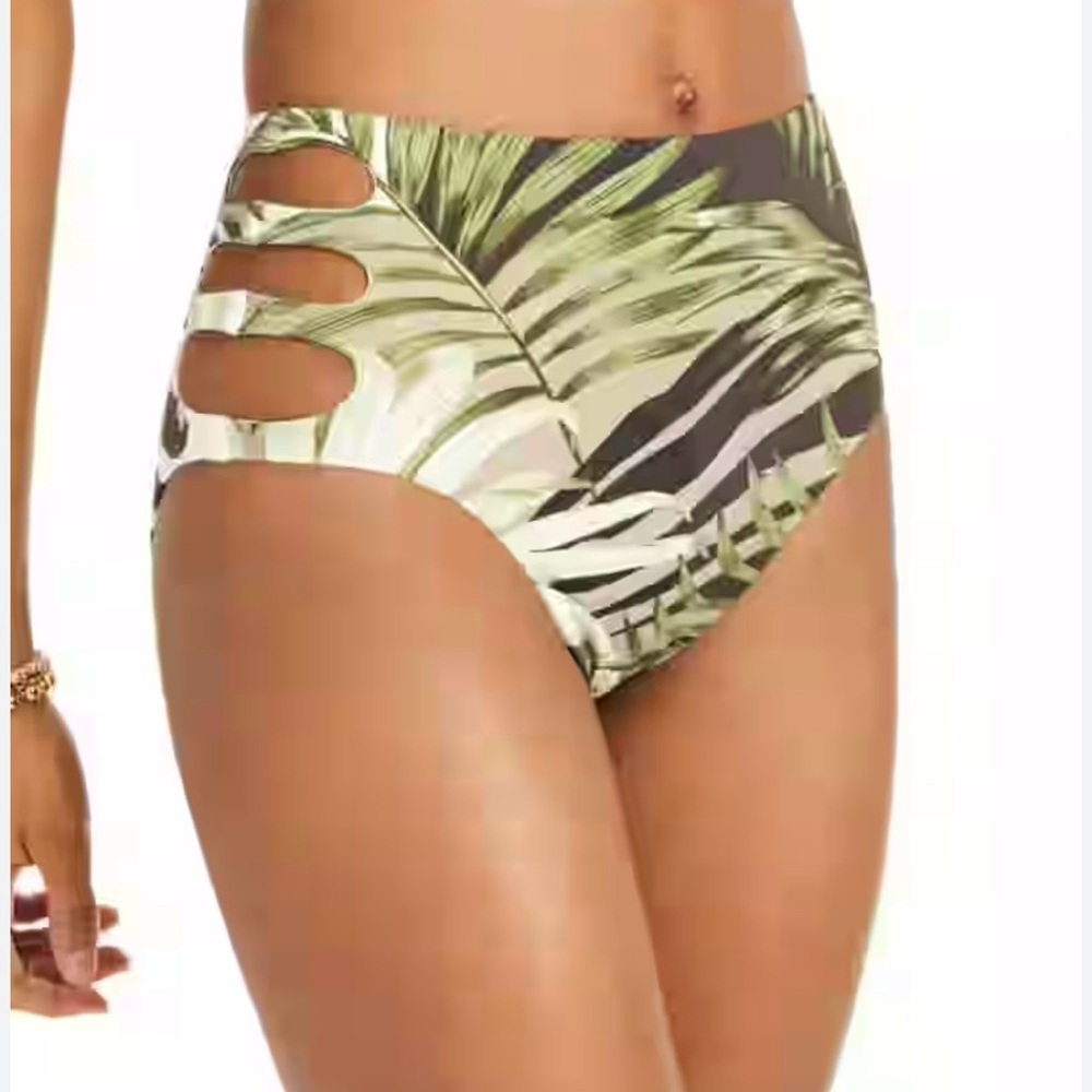 Bar lll Tropical Leaf Print High-Waisted side cut out Bikini Bottom